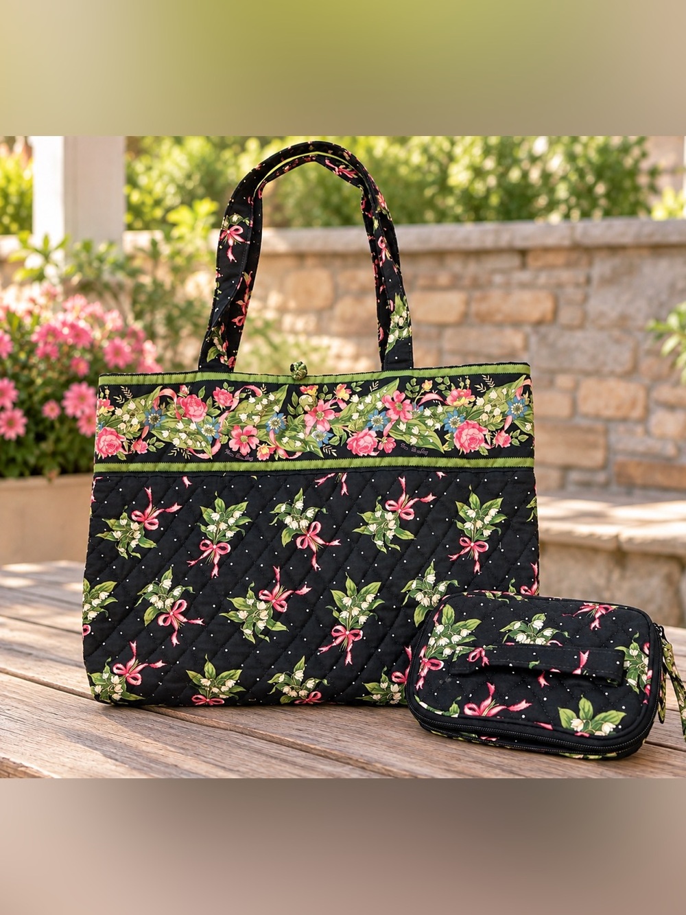 Vera Bradley Floral Quilted Tote Bag & Matching Travel Organizer Set